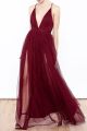 Boho Long A Line Plunging Neck Burgundy Tulle Prom Evening Dress With Slits