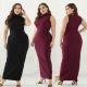 Casual Office Women Dress High Neck Sleeveless Burgundy Slim Bodycon Plus Size Midi Dress