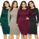 Casual Women Dress Office Streetwear O Neck Long Sleeve Slim Burgundy Bodycon Knee Length Pencil Dress 2020 2