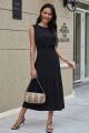 Charming A Line Scoop Sleeveless Tea Length Ruched Black Casual Women Dress