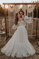 Chic A Line Off The Shoulder Long Sleeves Pleated Tulle Beach Destination Wedding Dress