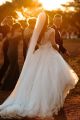 Chic A Line Scalloped Neckline Cap Sleeves White Lace Tulle Wedding Dress With Bow