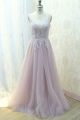 Chic Long A Line Beaded Prom Party Dress With Illusion Neckline Dusty Rose Lace Tulle