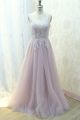 Chic Long A Line Beaded Prom Party Dress With Illusion Neckline Dusty Rose Lace Tulle