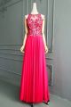 Chic Long A Line Hot Pink Chiffon Lace Beaded Prom Evening Dress With Open Back