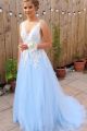 Chic Long A Line Prom Party Dress V Neck Sky Blue Tulle With White Appliques