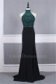 Chic Long Mermaid Beaded Black Prom Party Dress High Neck With Slit