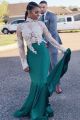 Chic Long Mermaid Beaded Green Prom Evening Dress Mock Neck White Lace Sleeves