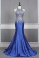 Chic Long Mermaid Beaded Royal Blue Prom Evening Dress With Lace Appliques Open Back