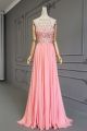 Chic Long Watermelon Chiffon Crystal Beaded Prom Evening Dress Square Neckline Low Back