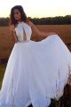 Chic Long White A Line Prom Party Dress Halter Open Front With Rhinestones