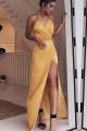 Chic Long Yellow Colum Prom Evening Dress V Neck With Slit