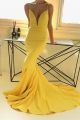 Chic Long Yellow Mermaid Prom Evening Dress Illusion Neckline Spaghetti Straps Low Back