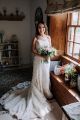 Chic Mermaid Strapless Lace Beach Destination Wedding Dress With Train And Buttons