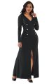 Chic Trumpet V Neck Long Sleeve High Slit Black Midi Formal Women Party Dress With Buttons