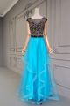 Chic Two Tone Embroidery Prom Evening Dresses Scoop Cap Sleeves Black Top Blue Tulle Ruffles Skirt