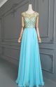 Classic A Line Long Blue Chiffon Open Back Crystal Beaded Prom Evening Dress With Cap Sleeves