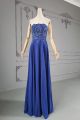 Classic A Line Strapless Corset Long Royal Blue Chiffon Lace Beaded Prom Party Dress