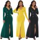 Chic Trumpet V Neck Long Sleeve High Slit Yellow Midi Formal Women Party Dress With Buttons