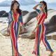 Classic Turn Down Collar 3 4 Sleeve Striped Rainbow Bodysuit Causal Beach Vocation Jumpsuit With Pocket