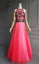 Classic Two Pieces A Line High Neck Open Back Long Watermelon Tulle Beaded Prom Party Dress