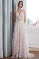 Destination V Neck Backless See Through Blush Pink Tulle Wedding Dress With Pearls Flowers