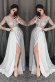 Elegant A Line Prom Evening Dress V Neck Long Sleeves Side Slit Grey Chiffon Lace  