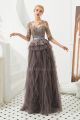 Elegant A Line Prom Party Dress Illusion Neckline Half Sleeves Grey Tulle Ruffles With Buttons