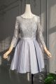 Elegant A Line Short Mini Beaded Grey Cocktail Party Dress Scoop Long Lace Sleeves