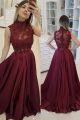 Elegant Beaded A Line Prom Party Dress High Neck Burgundy Lace Taffeta With Buttons
