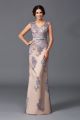 Elegant Colum Prom Evening Dress V Neck Cap Sleeves Grey Lace Sheer Back With Bow