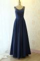 Elegant Long A Line Beaded Prom Evening Dress Scoop Navy Blue Lace Taffeta