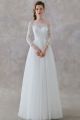 Elegant Long A Line Illusion Neckline Lace Sleeves White Mesh Beach Destination Wedding Dress