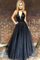 Elegant Long A Line Prom Party Dress Plunging V Neck Sleeveless Black Tulle