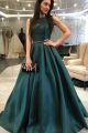 Elegant Long Green Ball Gown Prom Party Dress High Neck Low Back With Rhinestones Buttons