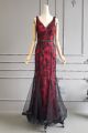Elegant Long Mermaid Black Red Lace Tulle Prom Evening Dress Illusion Neckline Open Back