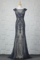 Elegant Long Mermaid Grey Tulle Beaded Prom Evening Dress Boat Neckline Cap Sleeves Low Back