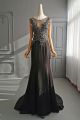 Elegant Long Mermaid Pearl Beaded Black Prom Evening Dress Cap Sleeves Sheer Back