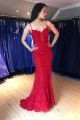 Elegant Long Mermaid Red Lace Prom Evening Dress Illusion Neckline Open Back With Buttons