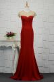Elegant Long Red Mermaid Beaded Prom Evening Dress With Cap Sleeves