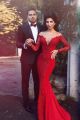 Elegant Mermaid Prom Evening Dress Scoop Long Sleeves Sheer Back Red Lace Buttons