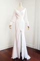 Elegant Mermaid V Neck Long Sleeves High Slit White Chiffon Prom Evening Dress With Buttons