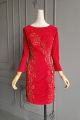 Elegant Sheath Scoop Long Sleeves Short Mini Red Lace Jersey Beaded Cocktail Party Dress