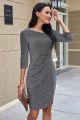 Elegant Short Mini Sheath Asymmetric Neckline 3 4 Sleeves Side Slit Silver Prom Party Dress