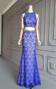 Elegant Two Pieces High Neck Royal Blue Lace Beaded Prom Evening Dress With Keyhole Back