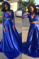 Elegant Two Pieces Prom Evening Dress V Neck Long Sleeves Royal Blue Lace