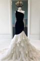 Elegant Two Tone Mermaid Prom Evening Dress One Shoulder Black Velvet Bodice White Organza Ruffles Skirt