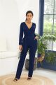 Elegant V Neck Long Sleeve Royal Blue Jersey Woman Clothing Casual Jumpsuit
