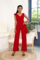 Elegant V Neck Red Jersey Clothing Woman Party Special Occasion Jumpsuit With Ruffle