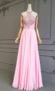 Fairy A Line Long Pink Chiffon High Neck Open Back Crystal Beaded Prom Evening Dress